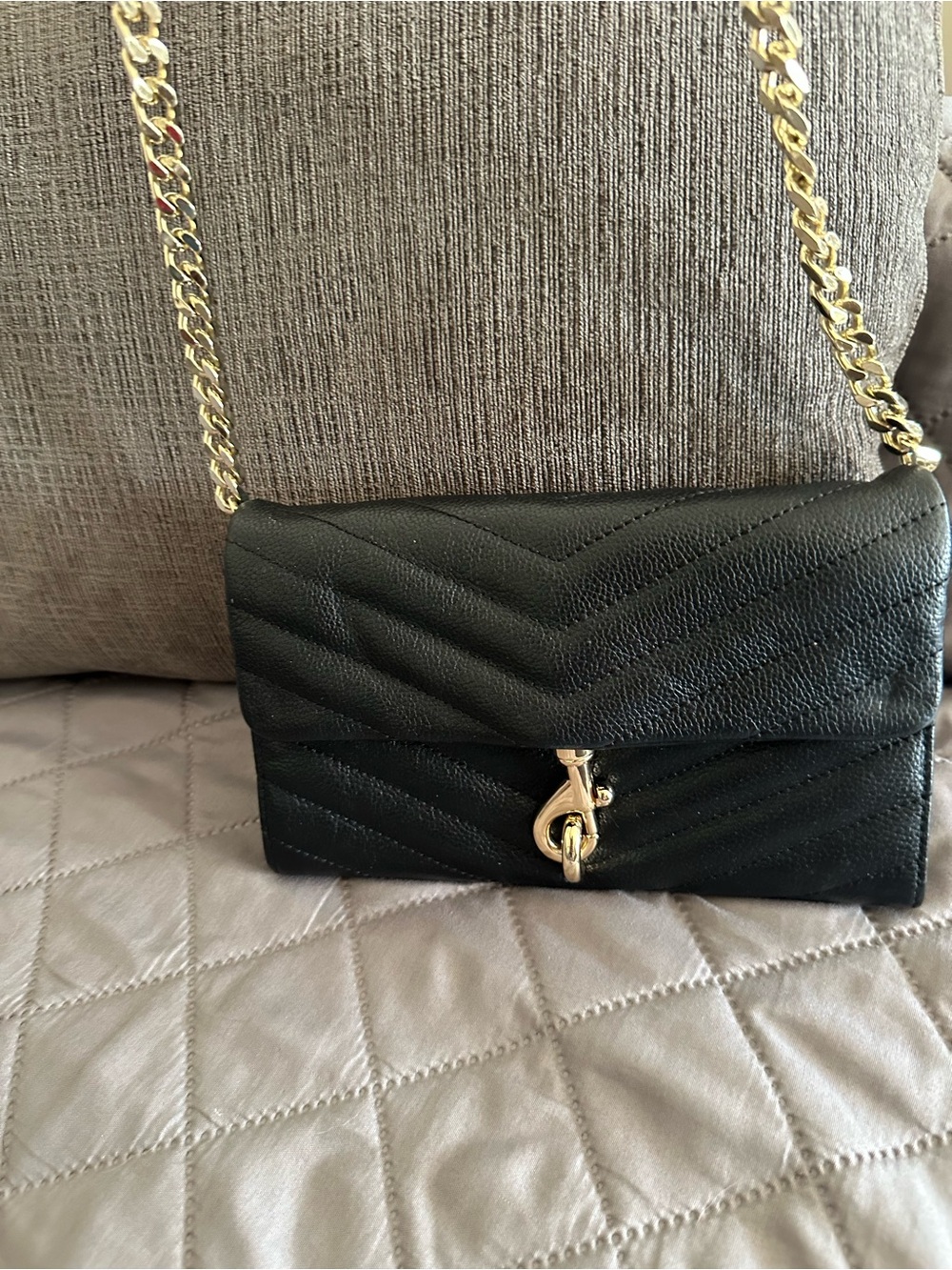 Rebecca Minkoff Black Quilted Crossbody Bag with Gold Chain